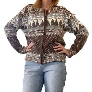 Vintage 90s Cottagecore Forest Trees Mountains Fair Isle Cardigan Zip Sweater M